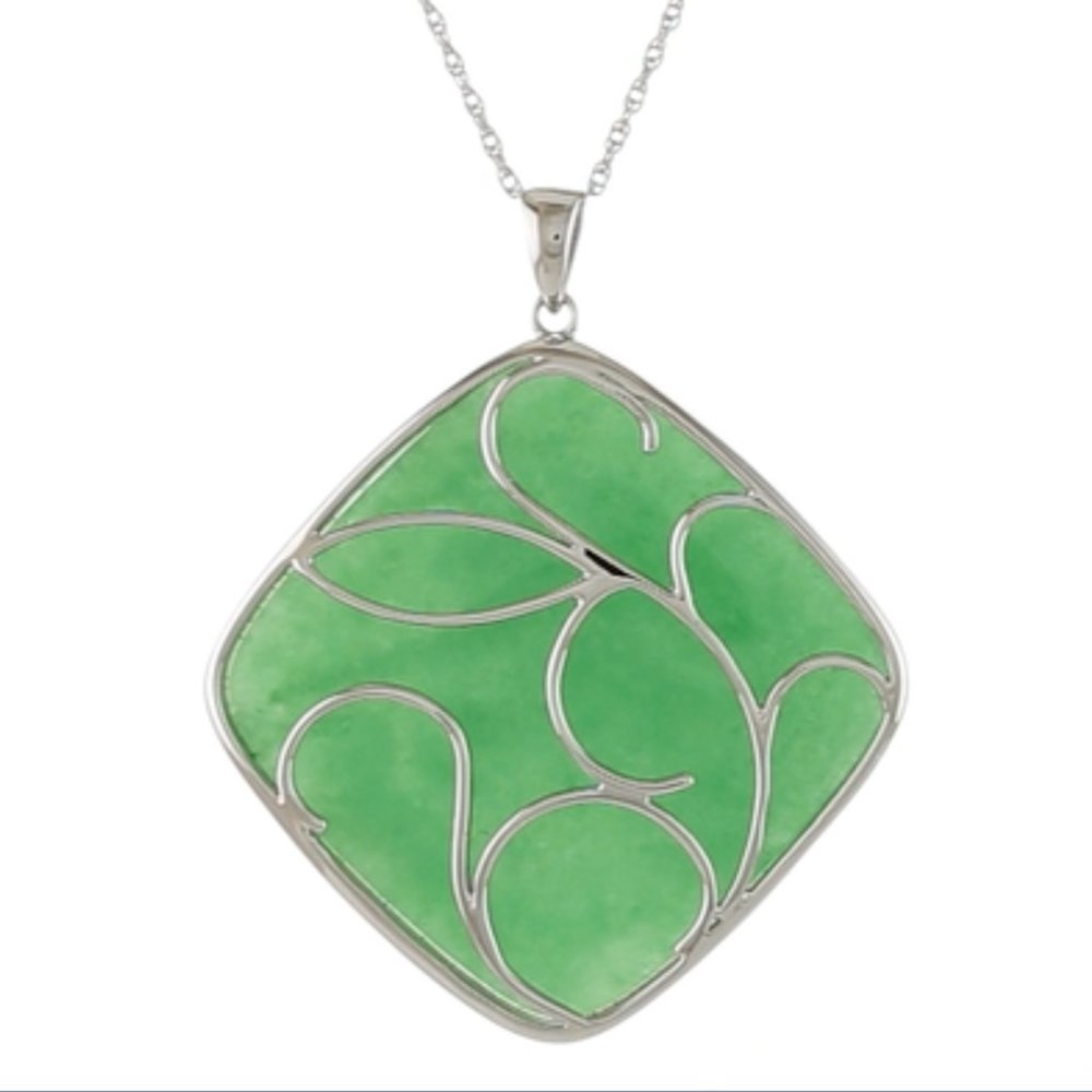 Genuine Jade w/ Swirling Silver Overlay Pendant-BEAUTIFUL